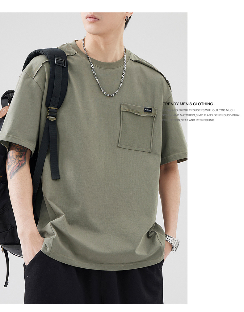 古川男装|日系复古拼接全棉短袖男士宽松大码简约纯色百搭体恤男详情8