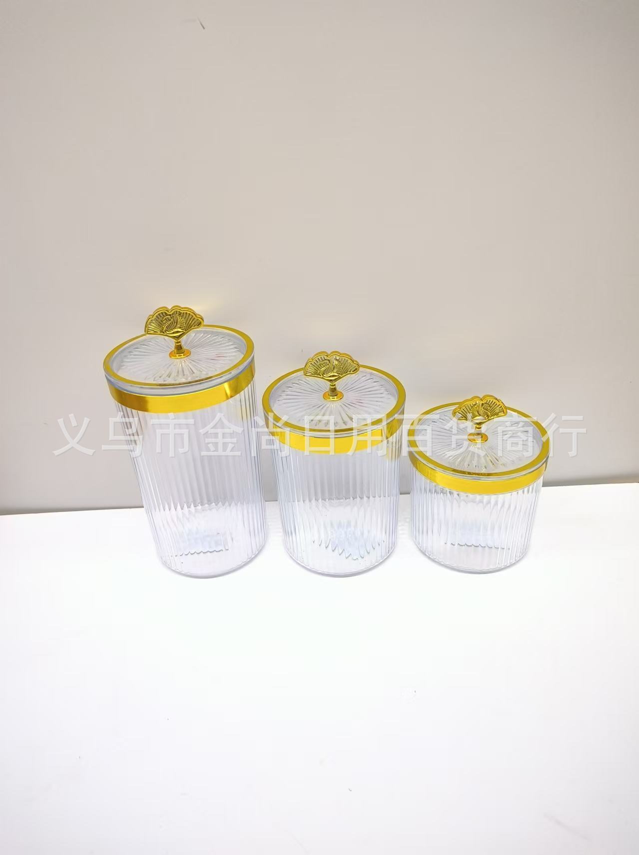 Golden storage jar with lid, candy jar, household plastic bottle, high-end candy jar, storage jar three-piece set pic 4