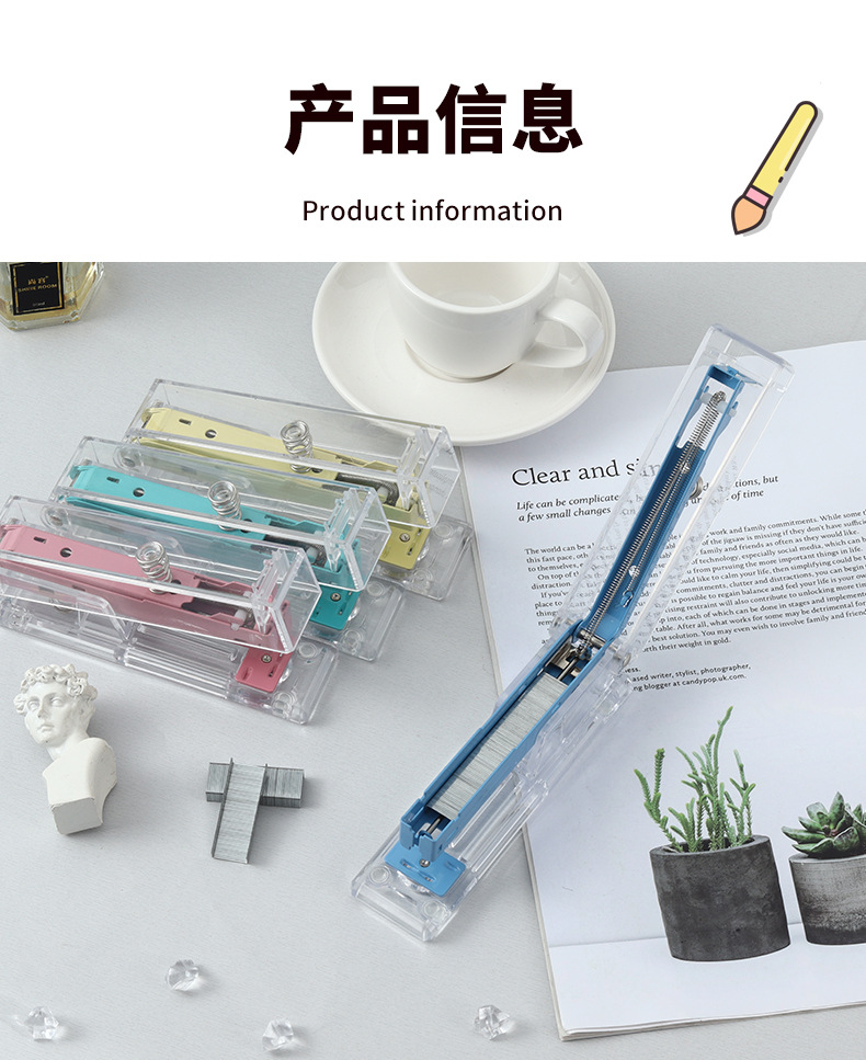 The manufacturer customizes candy-colored transparent stapler, InS-style student stapler in various sizes, and office labor-saving binding machine pic 3