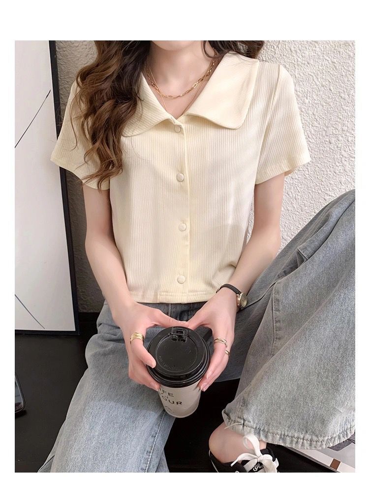 冰丝短袖上衣女2024春夏季新款韩版洋气小清新翻领百搭短款T恤开详情9