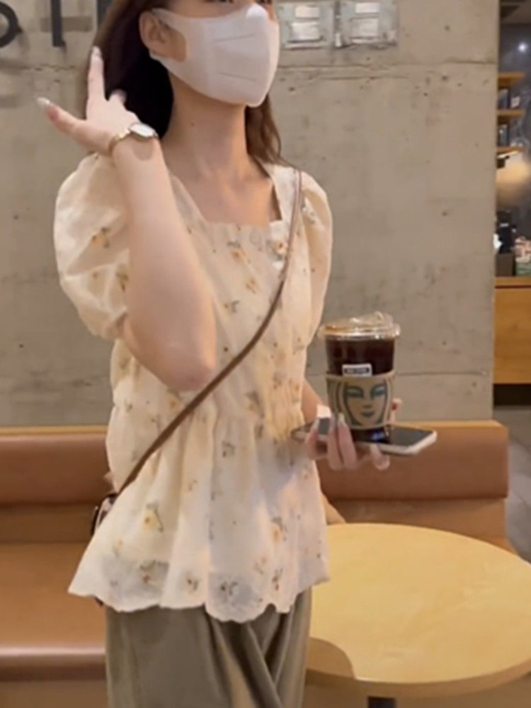 夏季新款方领碎花短袖衬衫女设计感小众洋气百搭泡泡袖别致上衣详情6