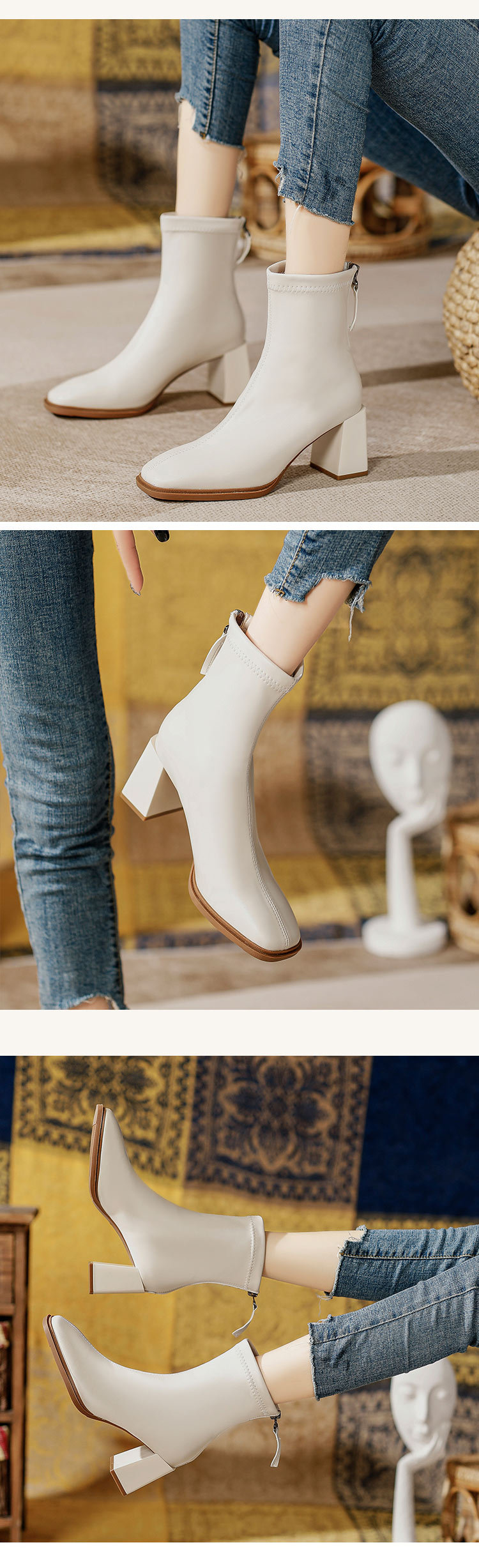 法式高跟短靴2023年新款粗跟时装靴子软皮白色春秋单靴方头瘦瘦靴详情3