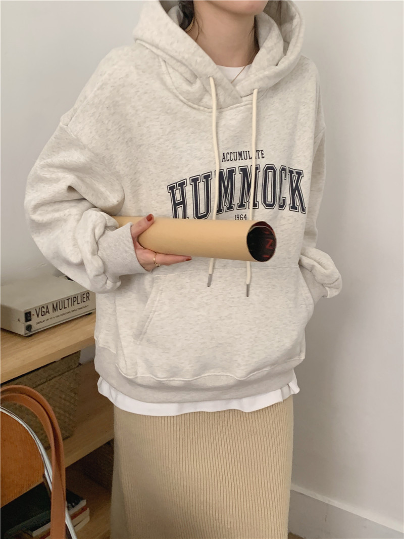 Letter-printed pullover with fleece hooded sweatshirt for women 2023 autumn/Winter new style Korean loose and versatile long-sleeved top pic 8