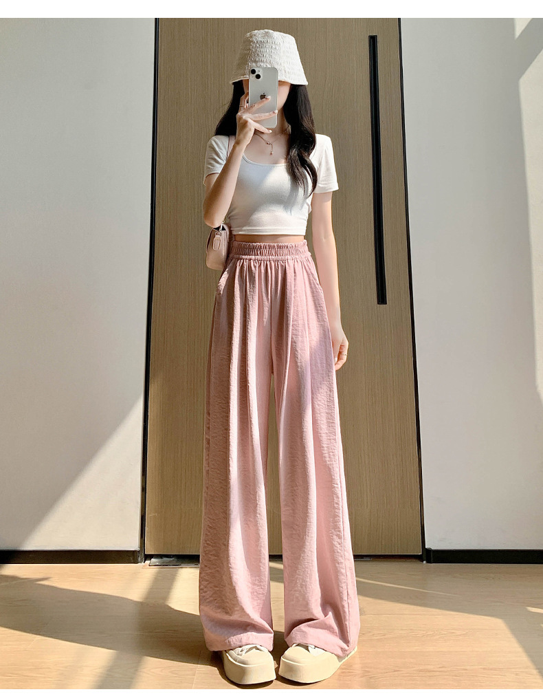 粉色奶芙山本阔腿裤女春夏2024新款高腰垂感醋酸小个子慵懒风冰丝详情12