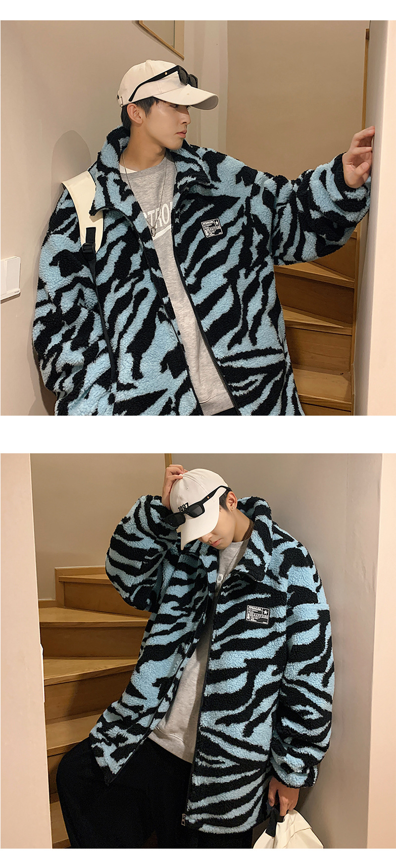 Thick cotton-padded jacket for couples 2021 winter, striped lambskin stand-up collar coat, warm cotton-padded jacket pic 4