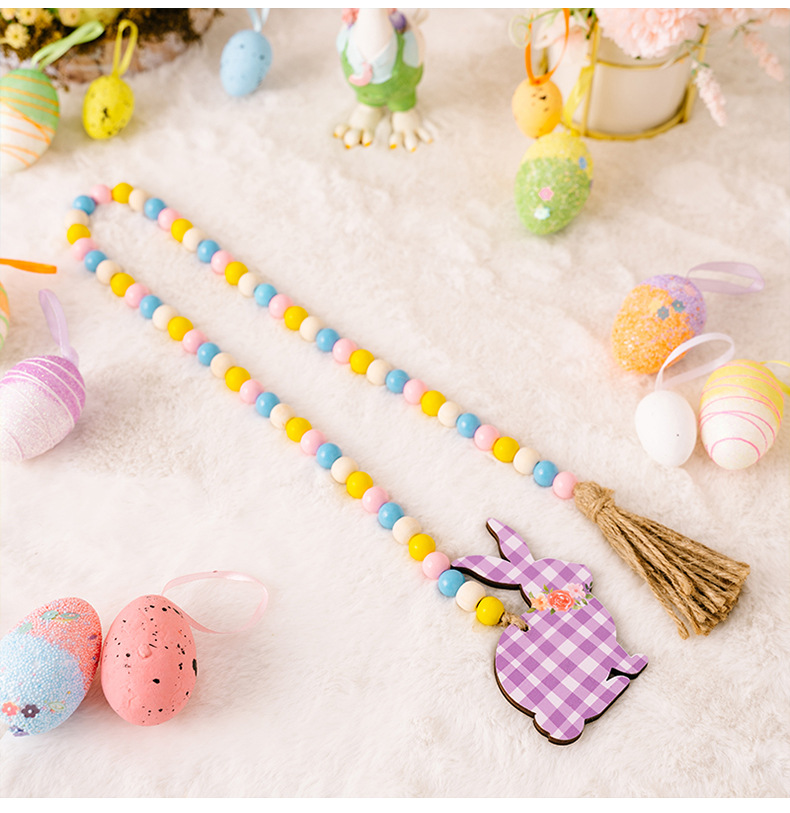 New cross-border Easter decorative items: Easter bead strings, checkered printed rabbits, wooden pendants, and colorful beads pic 12