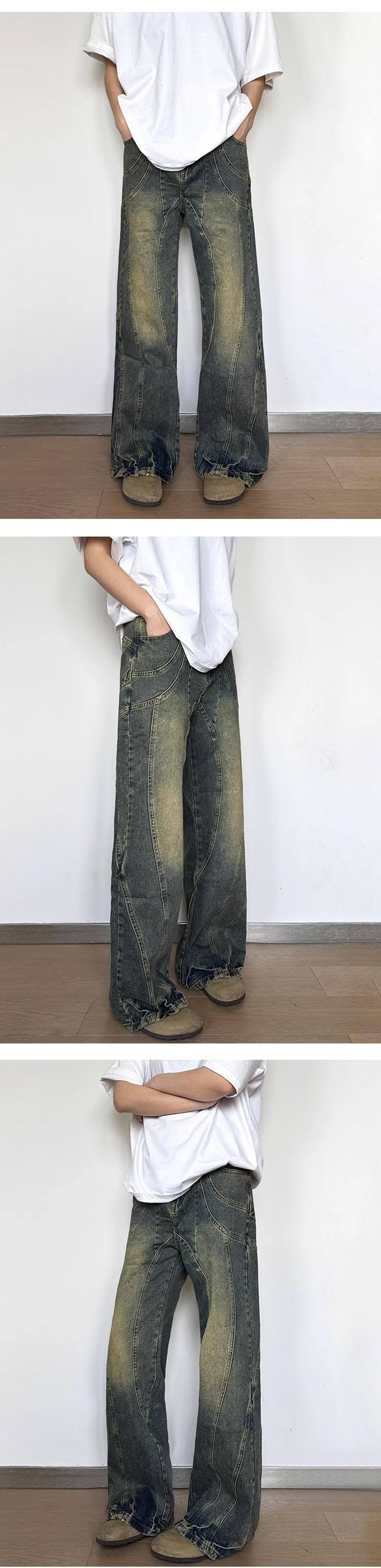 秋季美式潮牌复古牛仔裤男学生宽松黄泥染直筒裤水洗做旧阔腿长裤详情4