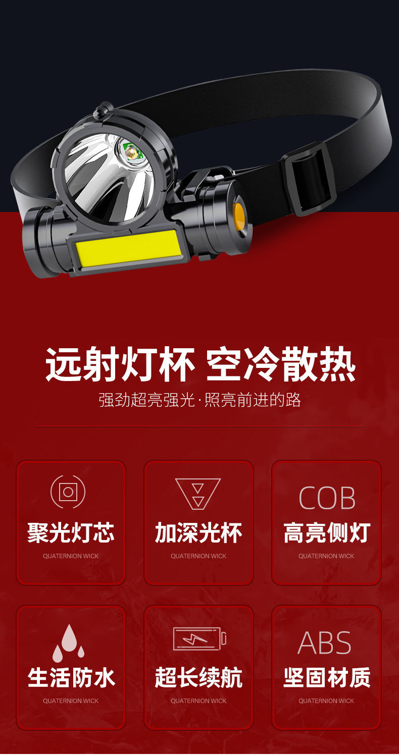 Wholesale of cross-border headlamps, outdoor cob charging head-mounted flashlights, led fishing waterproof charging high-intensity headlamps pic 2