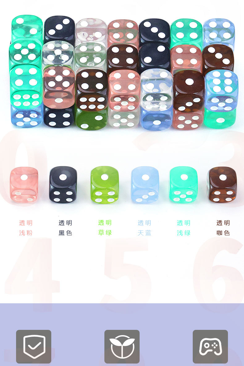 16mm亚克力透明彩色骰子娱乐用品筛子投子详情4
