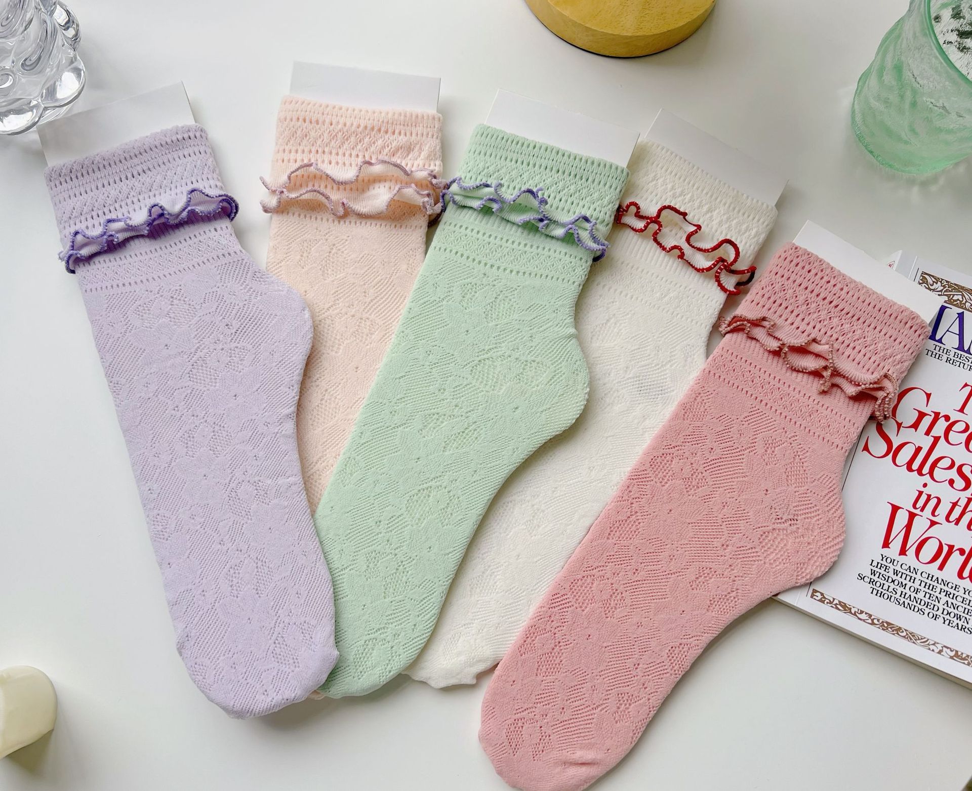 Spring and Summer new collection: cream puffs, Japanese style, cute and girlish, lace cutout short socks, mesh pile socks, two pairs of jk socks pic 2