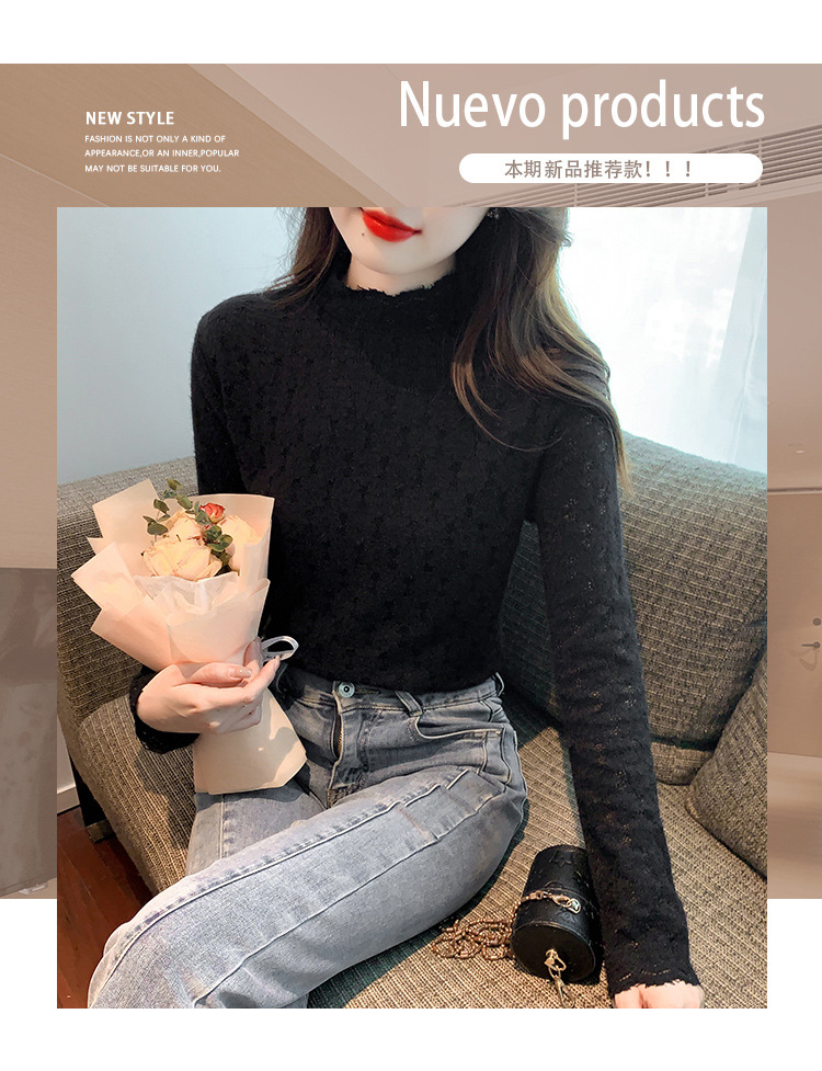 A stylish and youthful 2023 autumn collection, paired with a semi-high-neck top, long-sleeved small stand-up collar, and a youthful lace base layer for women pic 1