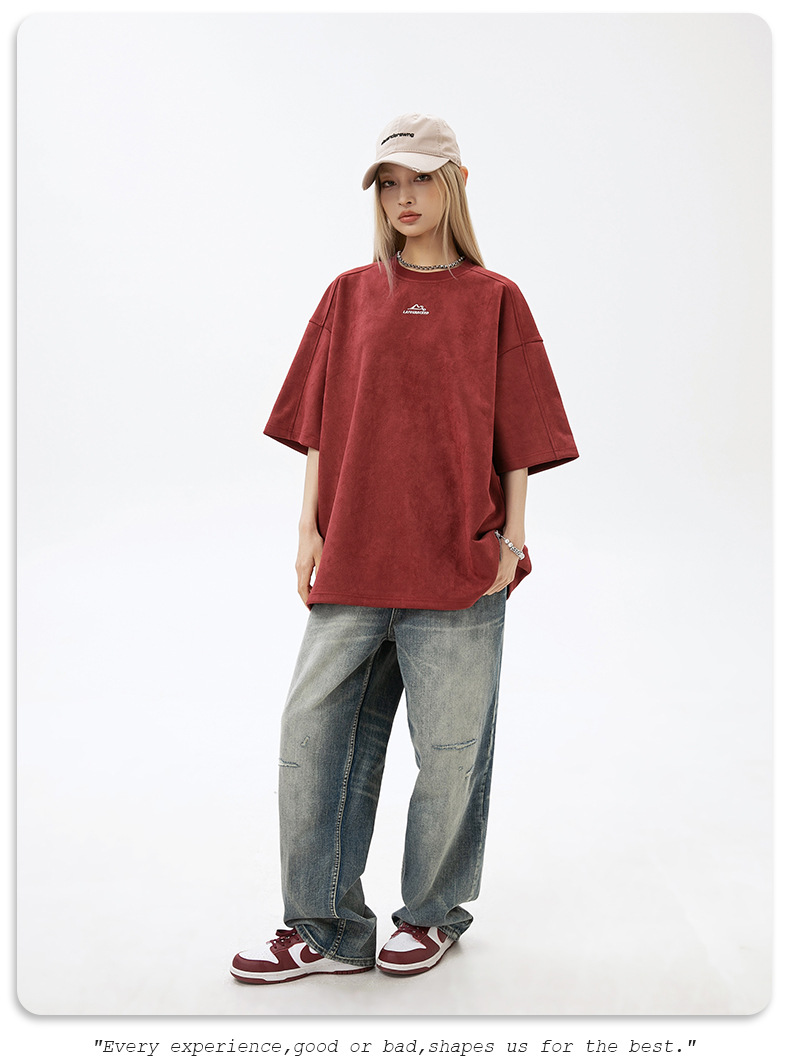 韩路男装 麂皮绒美式圆领T恤男女款夏季宽松质感刺绣潮牌短袖体恤详情23