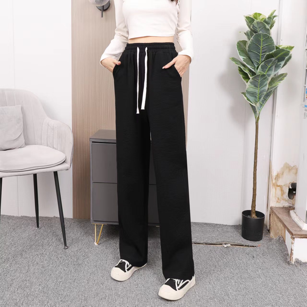 Early spring pure cotton fashionable casual set for women, loose, sporty and slimming straight-leg high-waisted wide-leg pants, zipper hooded jacket pic 41