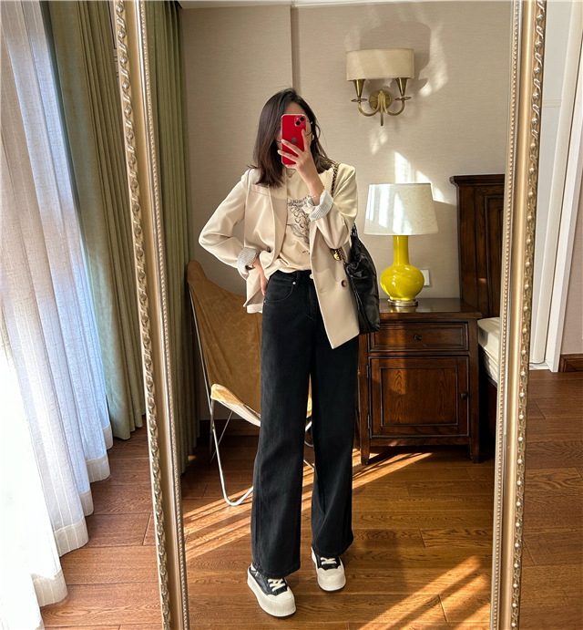 Treasure pants: Slimming, versatile, drape black straight-leg jeans for petite women, high-waisted wide-leg pants pic 24