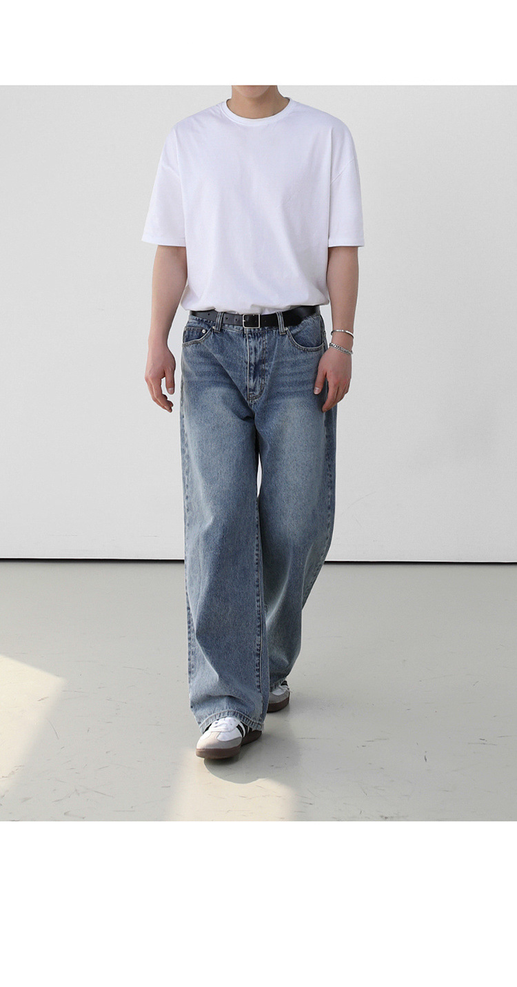 BJ复古水洗牛仔裤男士夏季薄款宽松长裤子韩版潮流阔腿直筒裤详情8