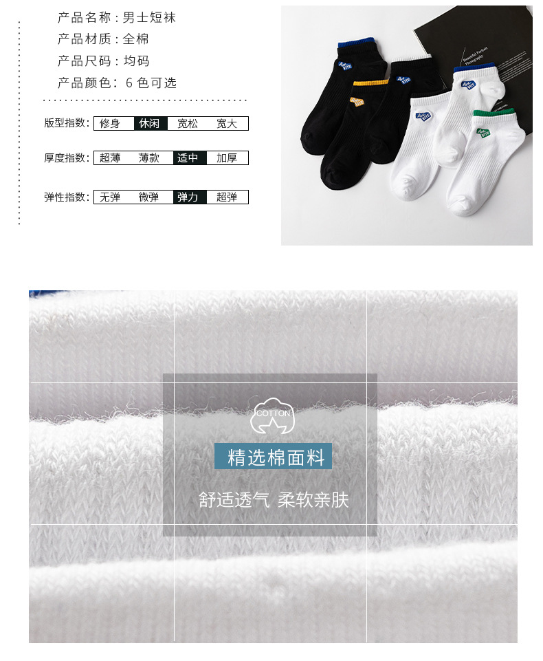 四季纯色全棉船袜男 精梳棉字母刺绣男短袜 双罗口黑白色袜子批发详情4