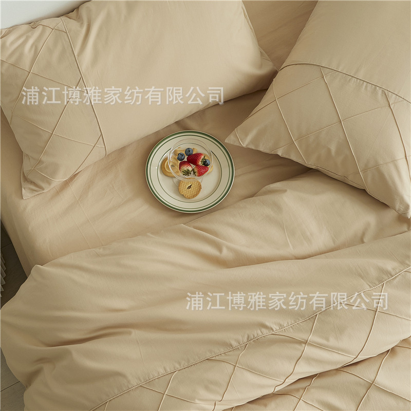 Wholesale of high-quality three or four-piece sets of washed cotton 40-count hand-knitted rhombus-shaped checkered plain pure cotton bedding pic 16