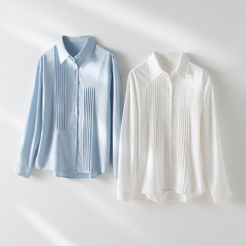 秋季女士纯色衬衫Polo领日系设计感上衣新款宽松复古百搭衬衣开衫详情5