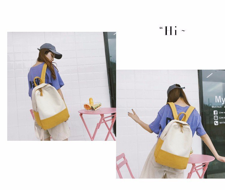 Factory wholesale of college-style, fresh, artistic, simple and versatile canvas backpacks, color-matched schoolbags for middle school best friends pic 3