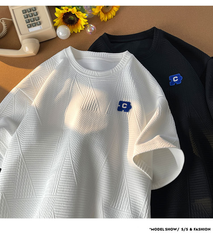 控48 夏港风重磅高克重圆领短袖华夫格男T恤休闲百搭小清晰详情3