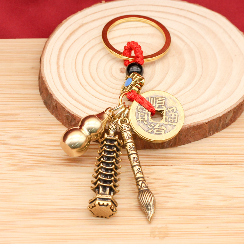 Pure brass Five Emperors Coin keychain pendant, Golden list success, Wenchang pen, retro style nine-story Wenchang Pagoda pendant wholesale pic 5