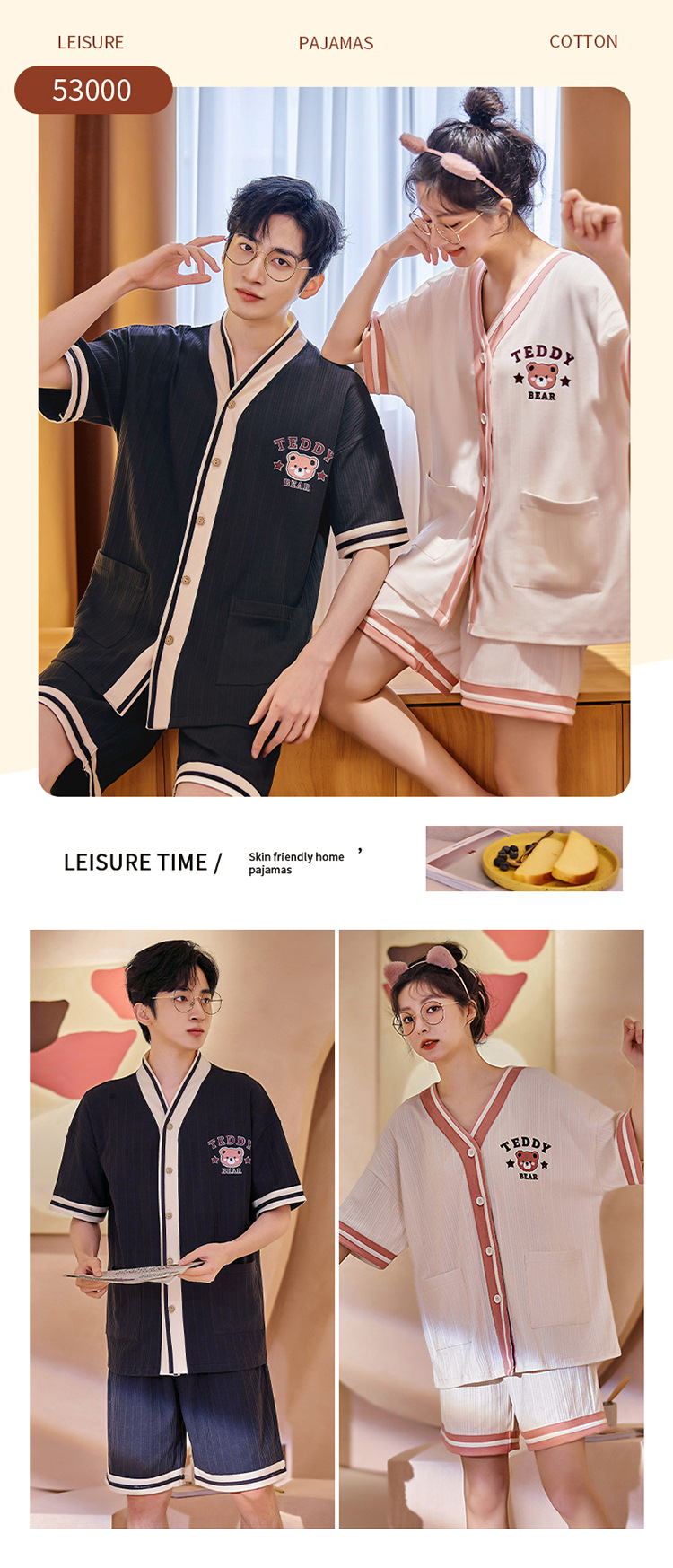 Chun baifen cute pareja pijama mujer de verano manga corta pantalones cortos cardigan hombre trajes casuales ropa casera usable exterior pic 22