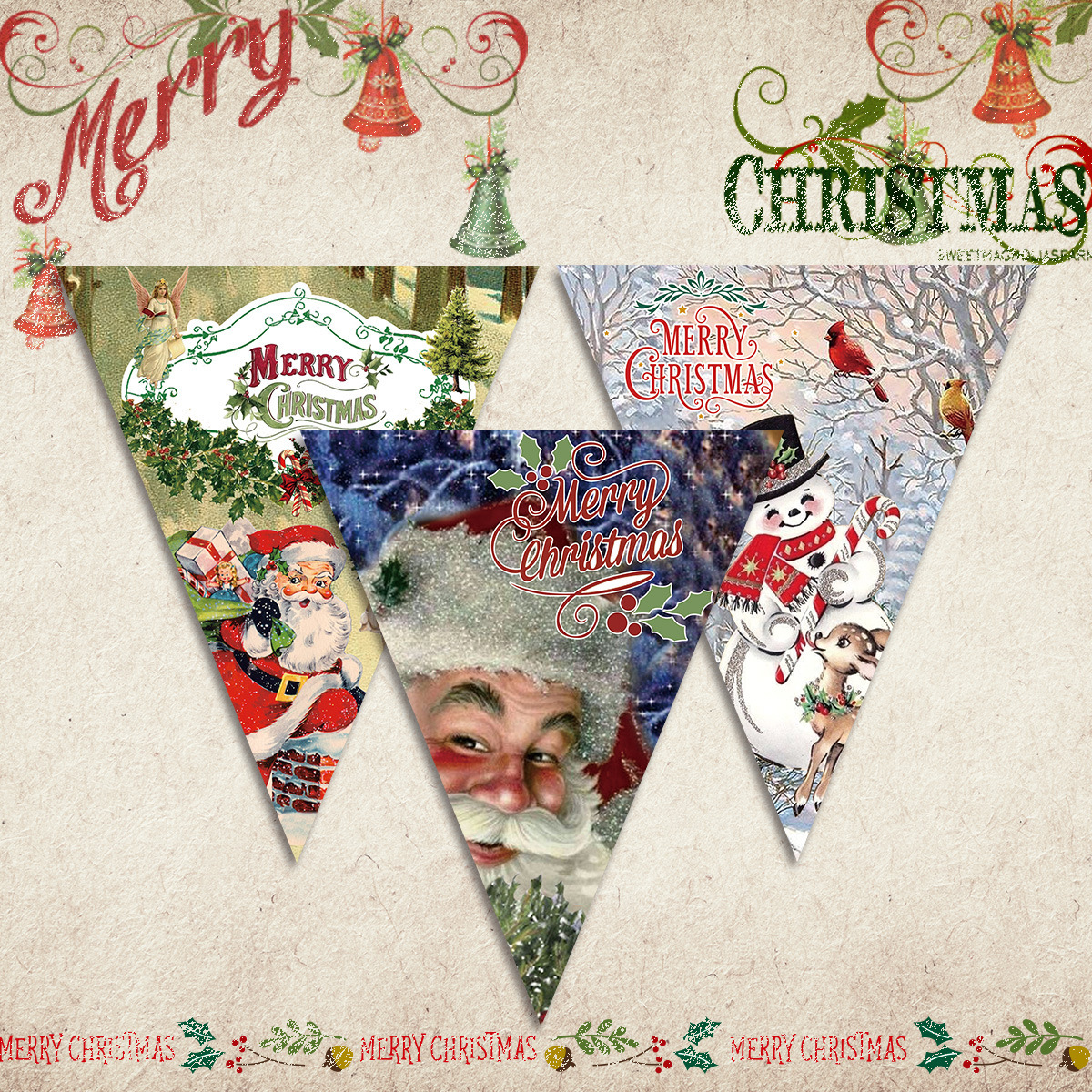 2024圣诞节派对布置拉旗 圣诞Merry christmas装饰复古三角拉旗详情24