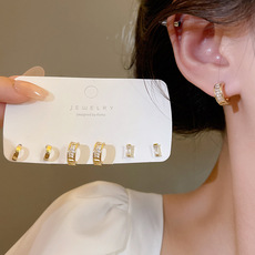 925银针三对装几何形超闪锆石耳钉套装轻奢气质一周养耳耳饰批发详情6