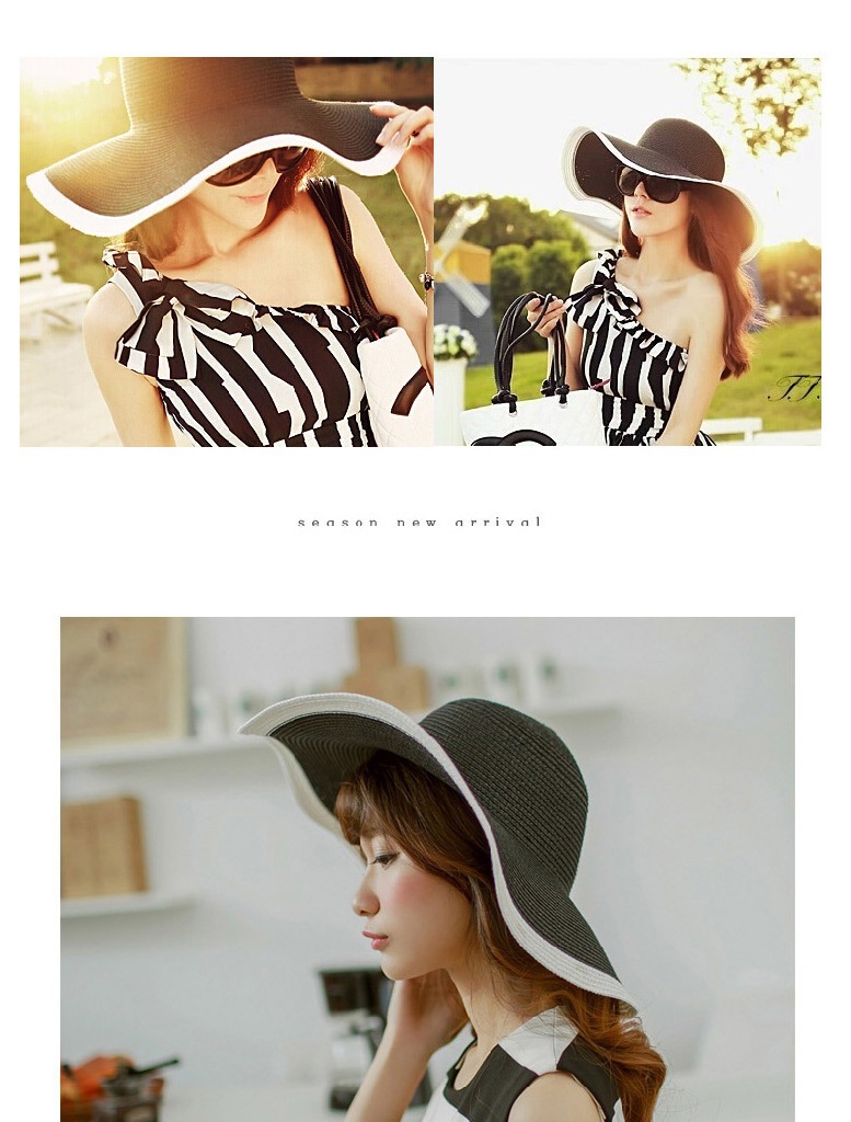 Black and white striped folding summer wide-brimmed sun hat for women, sun-protective beach straw woven hat pic 2