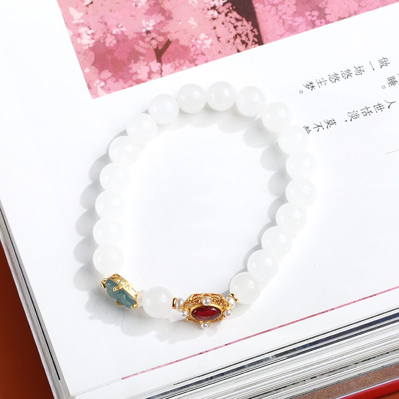 Natural Hetian jade white jade round bead bracelet for women, blue water jade leaf bracelet, a niche design for your girlfriend pic 5