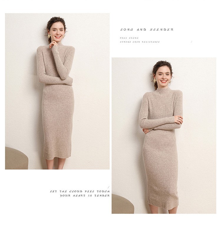 Early autumn semi-high-neck wool dress for women, mid-length sweater, knee-length cashmere knitted body-hugging skirt, long skirt as a base layer pic 23