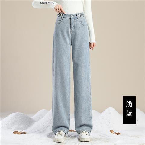 复古加绒牛仔裤女直筒宽松2024年冬季加厚高腰显瘦大码胖mm阔腿裤详情1
