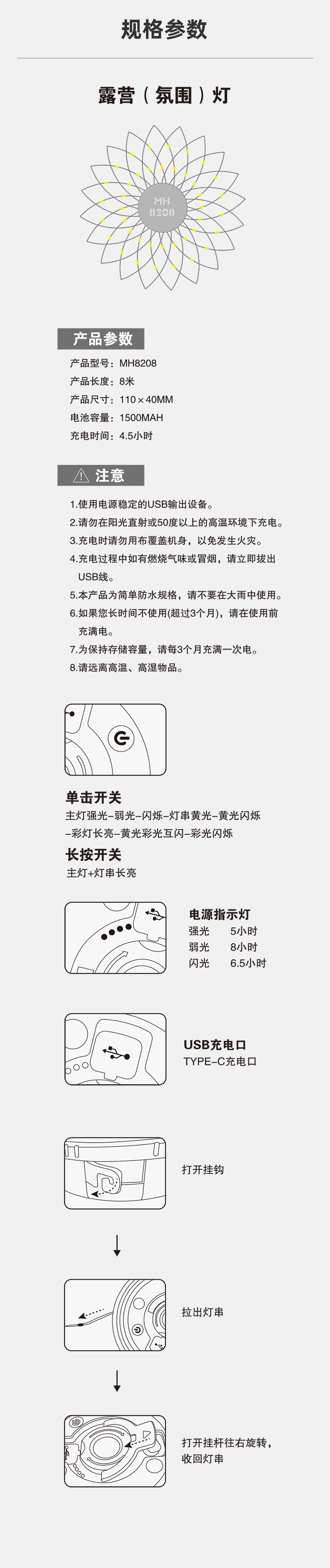 多功能LED露营灯USB充电户外帐篷灯七彩氛围串灯收纳野营灯便携式手提灯户外露营应急灯彩光节日氛围伸缩露营灯详情12