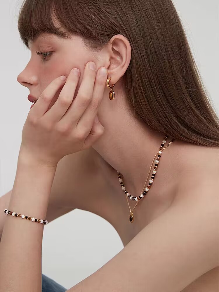 WYK虎眼石黑玛瑙母贝吊坠项链女彩色串珠毛衣链叠戴美拉德锁骨链详情2