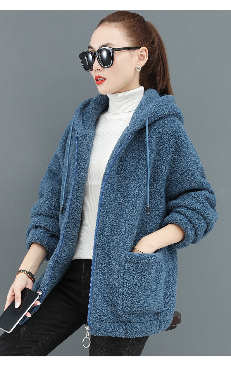 New autumn and winter loose Korean-style zipper Teddy fleece hooded cardigan with thickened fleece for women pic 16