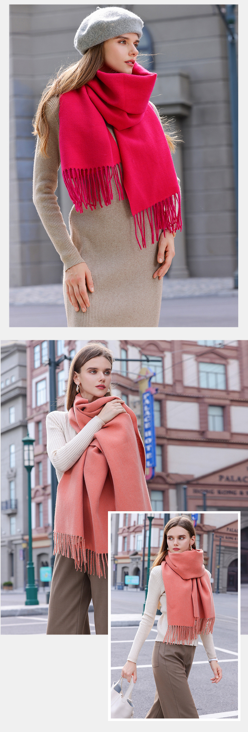 The 2023 new double-sided solid color macaron scarf for women is a bestseller in winter. It is fashionable and warm with faux cashmere tassels. Wholesale pic 15