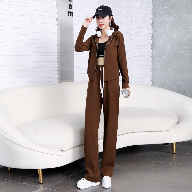 Early spring pure cotton fashionable casual set for women, loose, sporty and slimming straight-leg high-waisted wide-leg pants, zipper hooded jacket pic 44