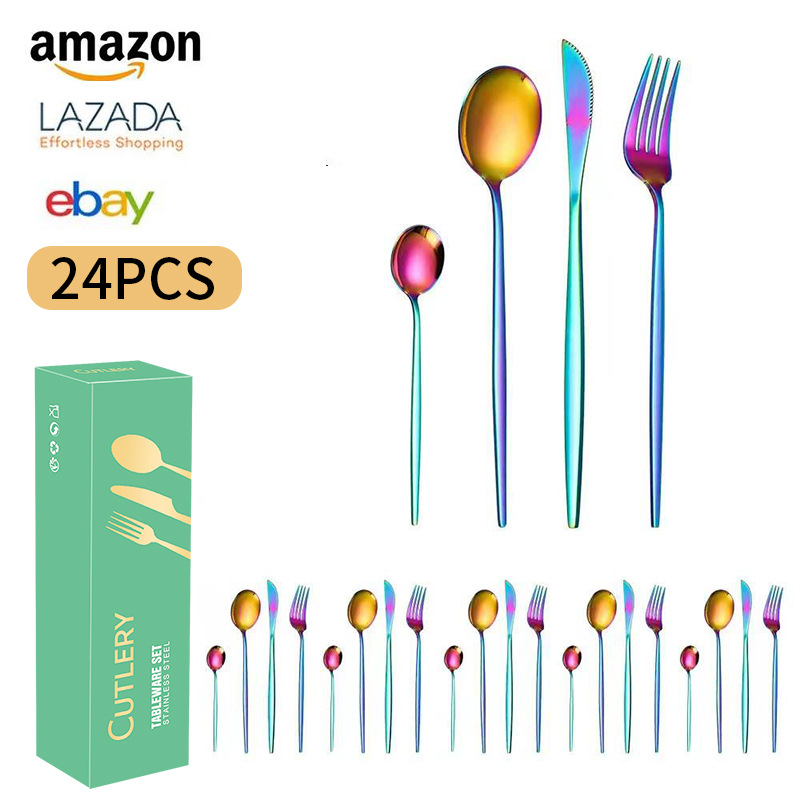 Cross-border Amazon Portuguese stainless steel tableware 24-piece set for 6 people, Western steak, knife, fork and spoon gift box set pic 6