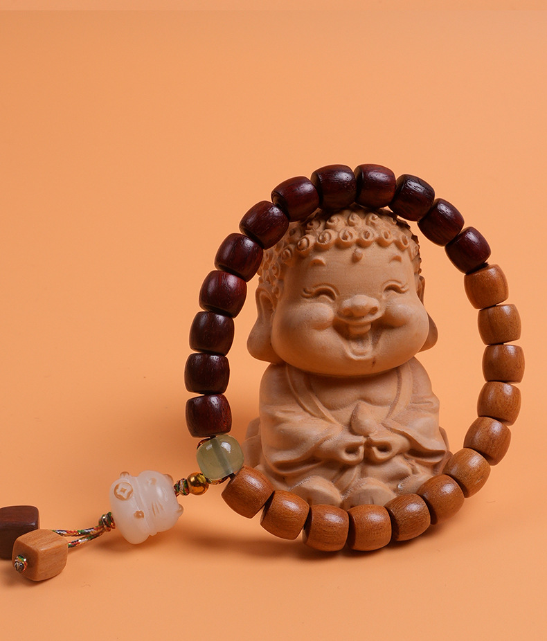 Retro blood sandalwood and sandalwood wood barrel bead single-loop bracelet, sandalwood mixed style couple bracelet, charcharcoal maneki Neki pendant, cultural and artistic bracelet, cultural and artistic Buddhist prayer beads pic 4