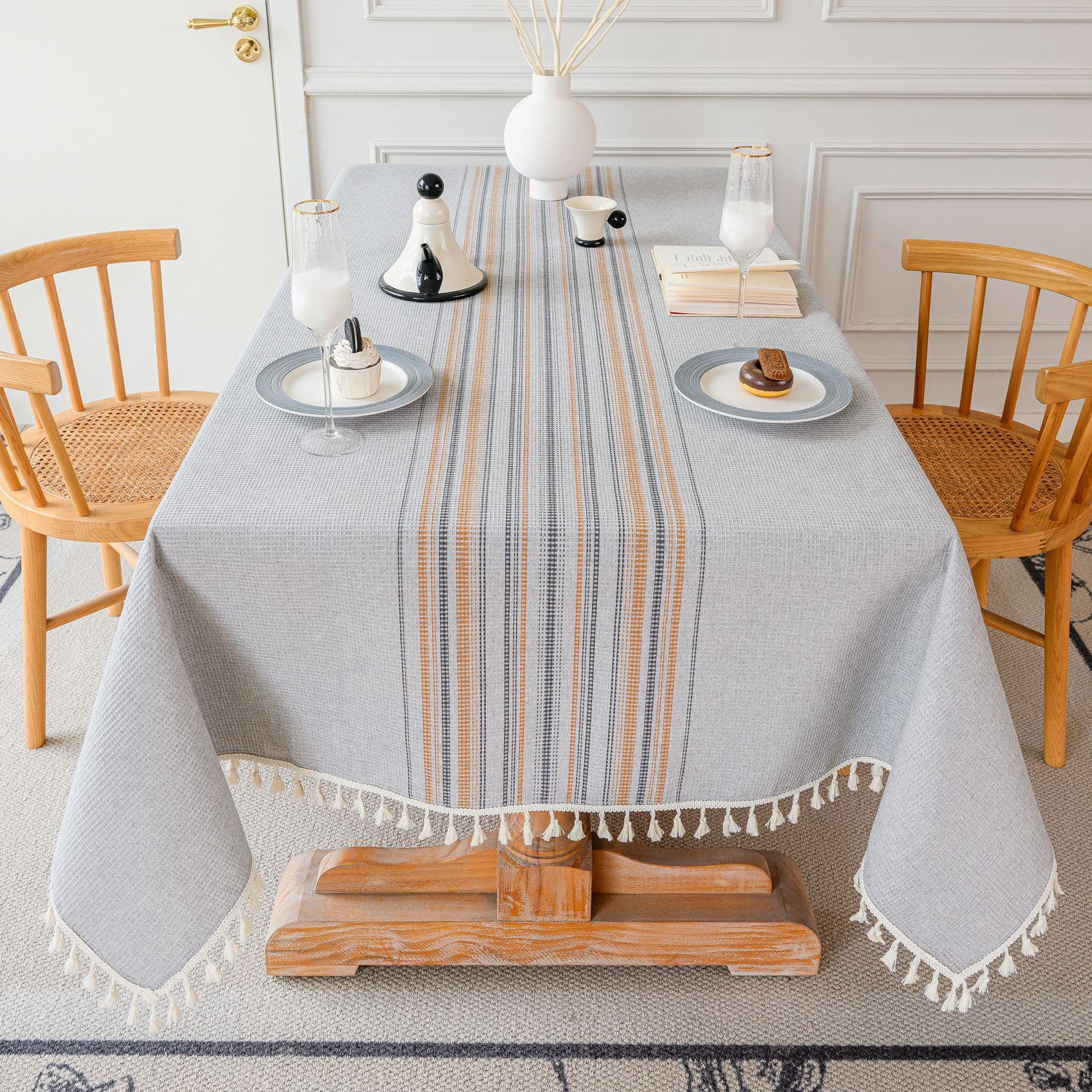 Wholesale of American-style country solid-color household rectangular table fabric, soft and breathable waffle striped coffee table cover fabric pic 60