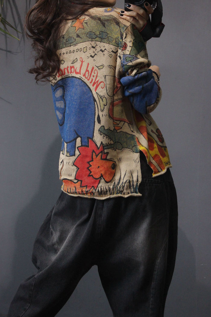 Spring 2021 new printed knitted cardigan for women, retro ethnic style, loose, large-sized, slimming long-sleeved top pic 9