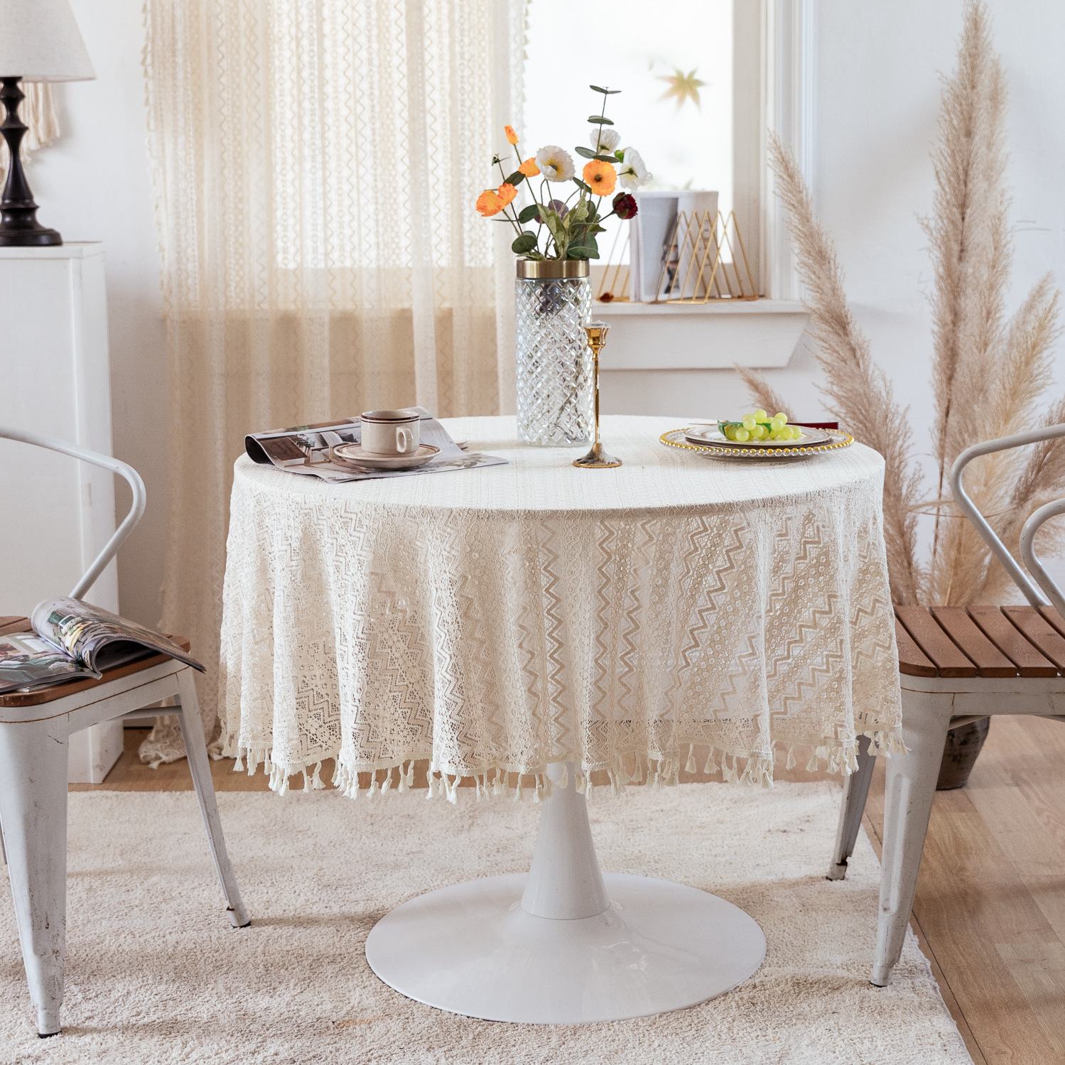 National trend retro hollowed-out lace cover fabric, ins style rectangular white country tablecloth, round table and small round tablecloth pic 16