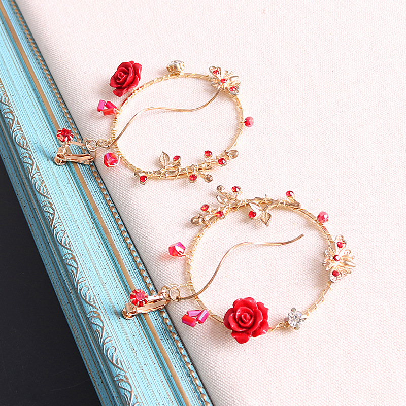 Bride earrings, European and American golden ear clips, round rose earrings without ear holes, wedding festival red crystal earrings pic 7