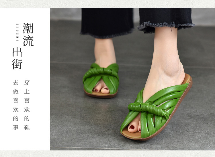 原创小众平底软底拖鞋女夏外穿真皮一字拖鞋鱼嘴皮拖鞋女2024新款详情24