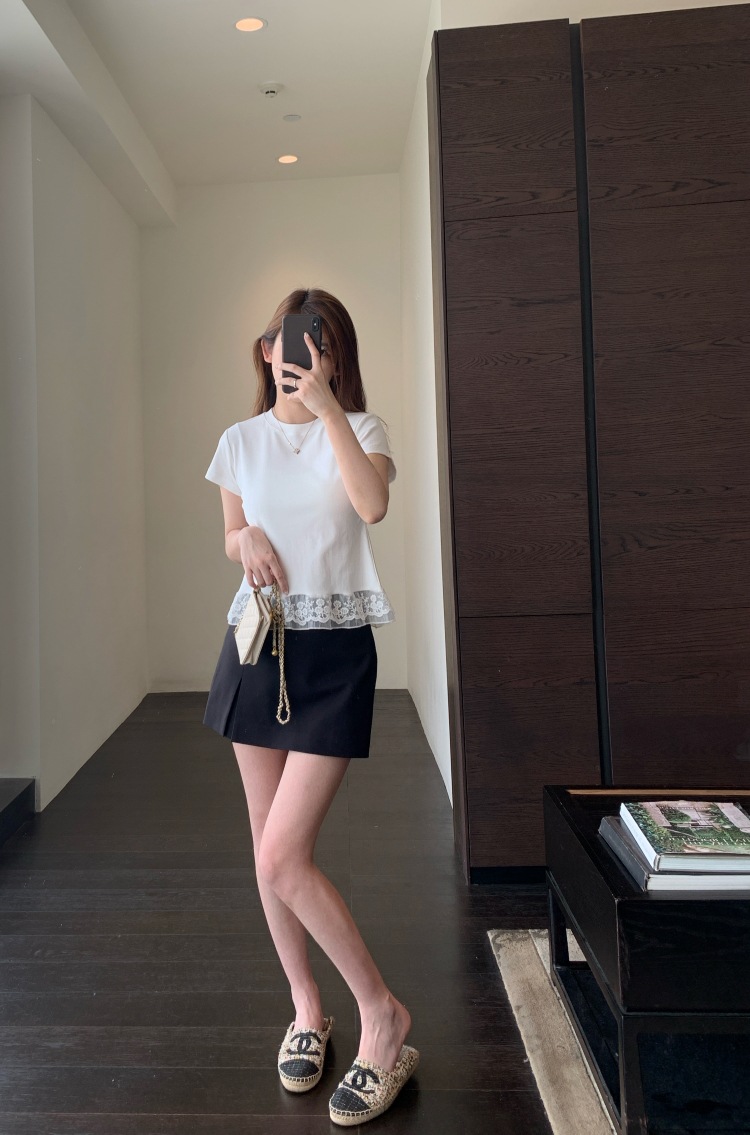 A13512甜美少女感 设计感下摆蕾丝花边拼接显瘦短袖T恤女春夏新详情12