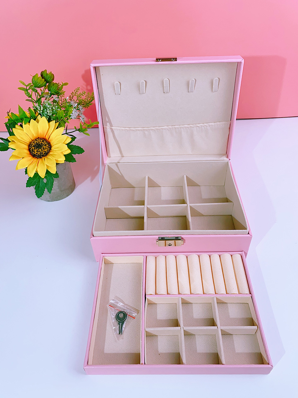 瑾奇2023首饰盒带锁双层大容量皮革珠宝饰品戒指项链耳环耳钉收纳盒子 粉色儿童收纳系列 JQ009详情9