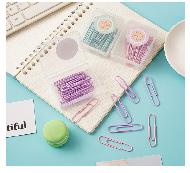 Wholesale macaron-colored box paperclip long tail clip set, cute bear ticket clips, thumbtacks, pins, binding stationery pic 19