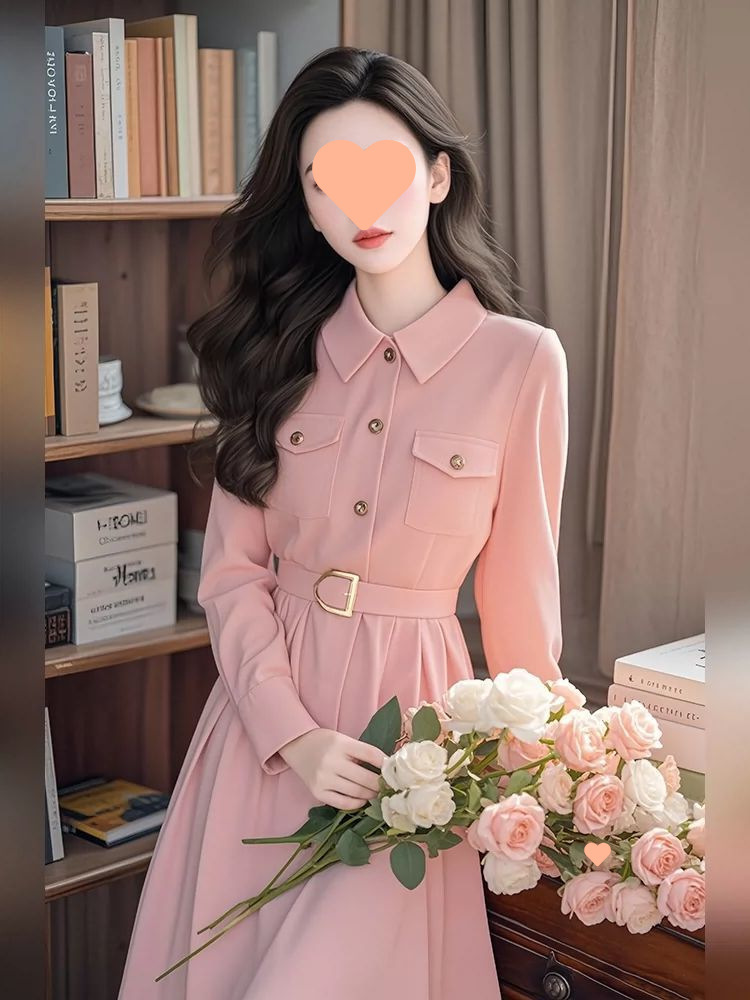初秋钓系约会裙法式小香风正式场合收腰粉色长袖连衣裙女2024新款详情2