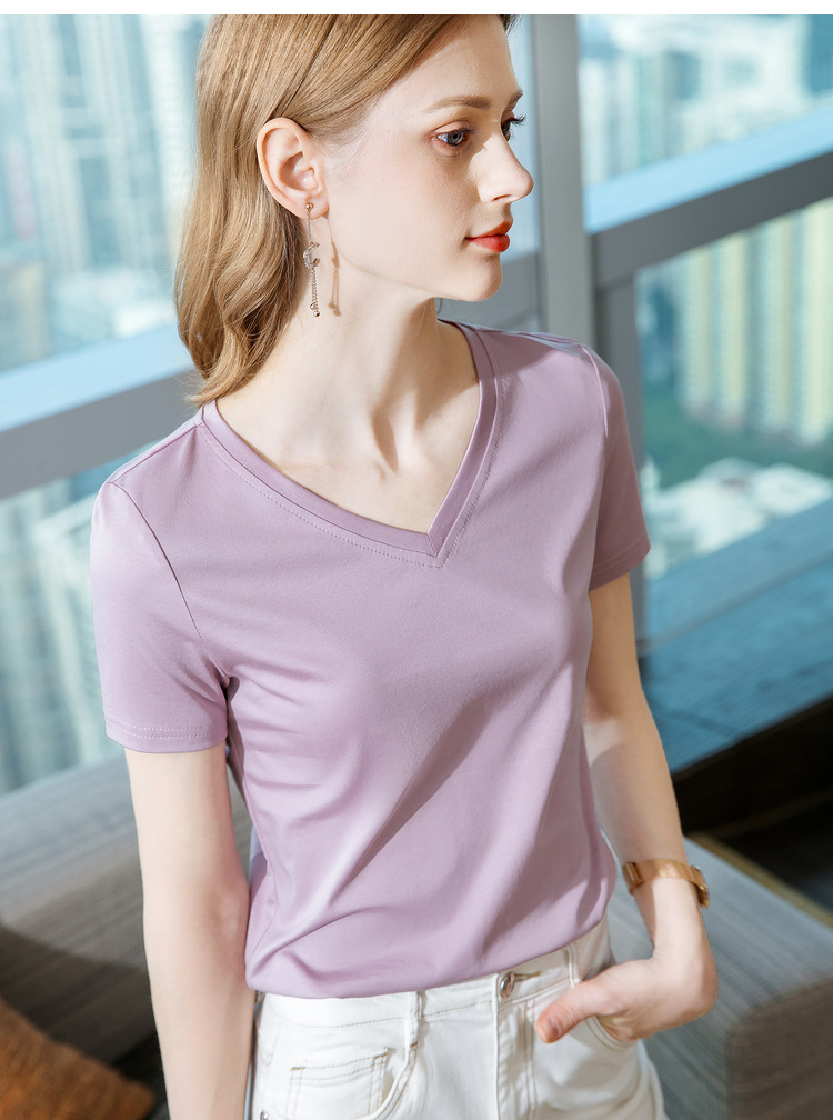 冰感丝光棉短袖t恤女2024新款女装气质v领纯棉体恤纯色高级感上衣详情14