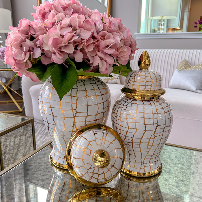 European-style light luxury electroplated ceramic striped general jar, open large vase, model room, living room, hotel entrance decoration pic 10